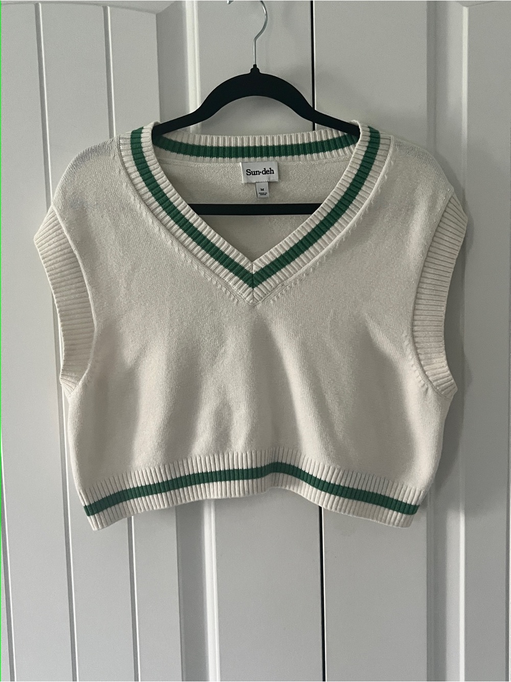 Sunday Best Quinn Cropped Sweater Vest in Cream and Green - Picture 2 of 5